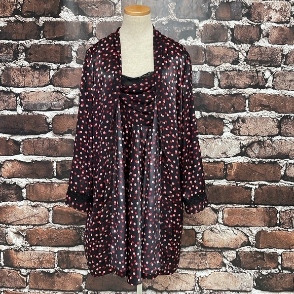 Delicates Robe & Chemise Set Women's L Large Black Red Pink Polka Dot Nightgown - Picture 7 of 17